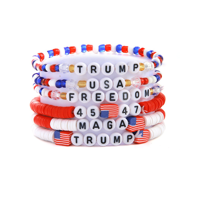 Wholesale Bohemian Style Colorful Soft Pottery Elastic Letter Independence Day Flag Multi-layer Bracelet