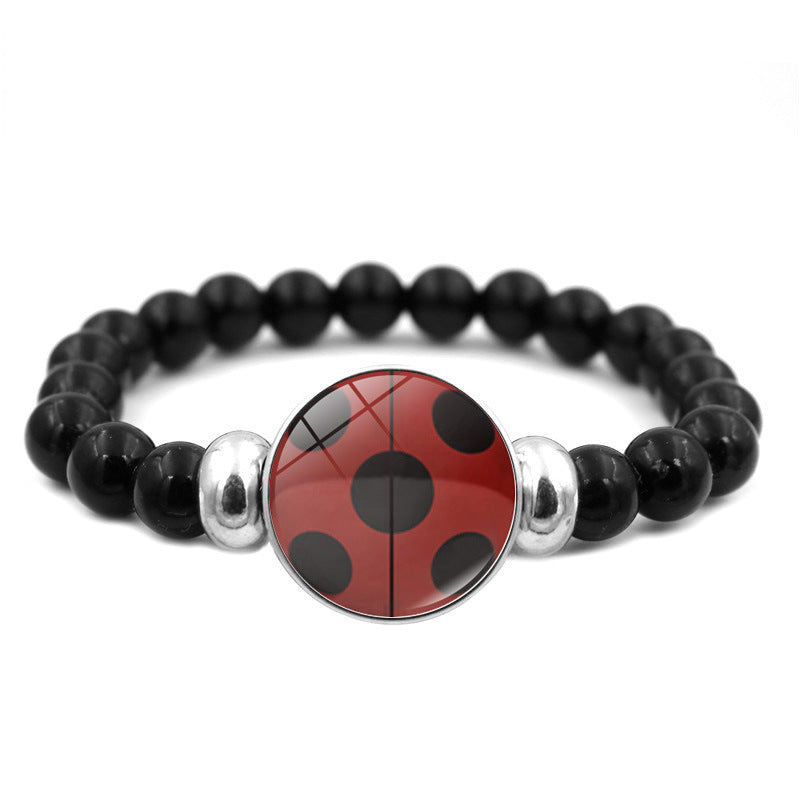 Wholesale Cartoon Ladybug Bear Paw Print Black Elastic Bead Bracelet Handmade Glass Jewelry Gift