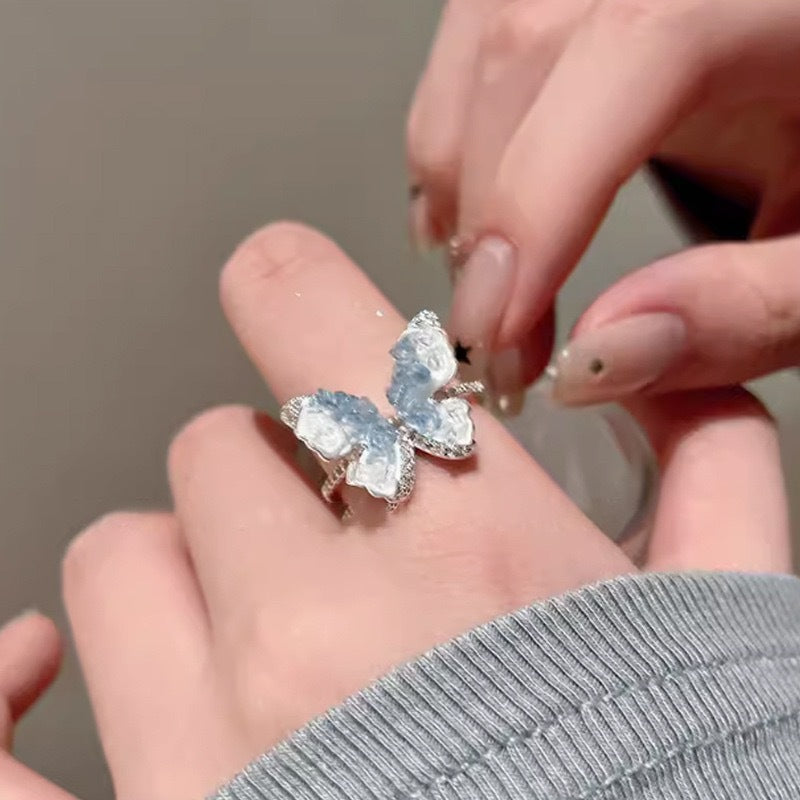 Wholesale Blue Crushed Ice Butterfly Open Ring Adjustable Alloy Fashion Jewelry Accessory For Everyday Wear