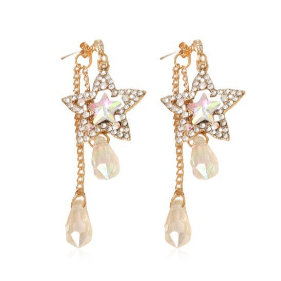Wholesale  hollow five-pointed star point drill long tassel flash drill earrings