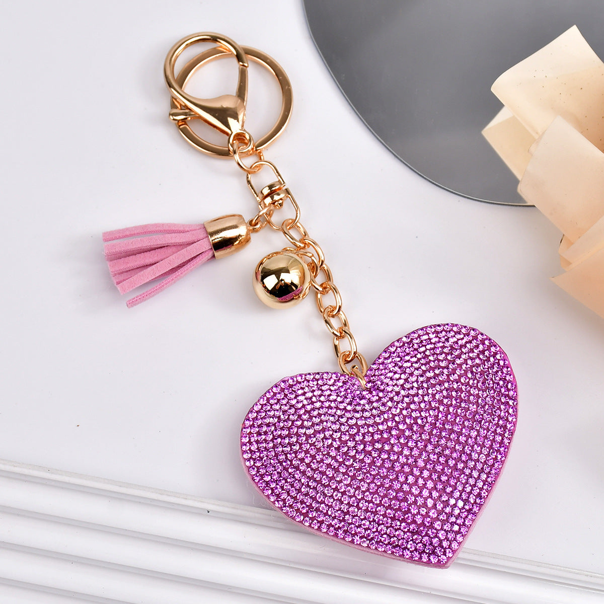 Wholesale  Peach Heart Rhinestone Leather Keychain
