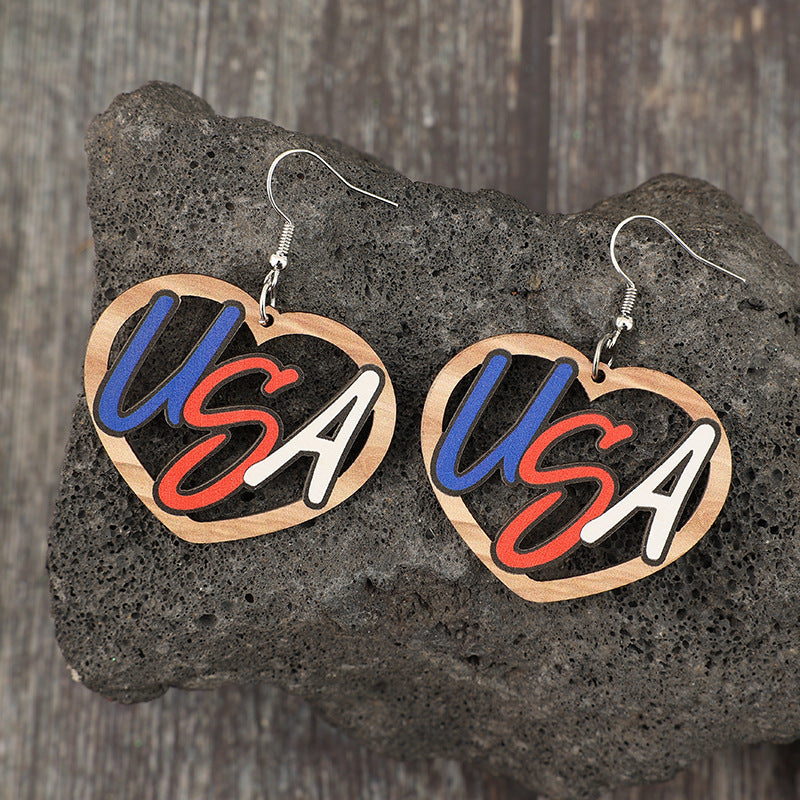 Wholesale  Independence Day Hollow Heart-shaped Stitching USA Independence Day Wooden Earrings