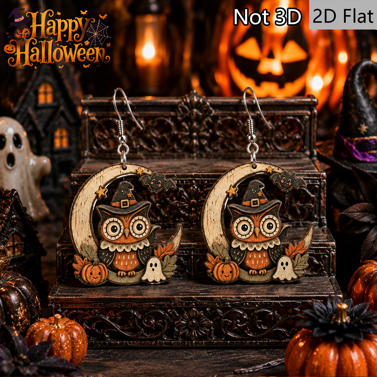 Wholesale  Moon Owl Wooden Earrings Retro Cartoon Party Fashion Accessory Boutique Resale