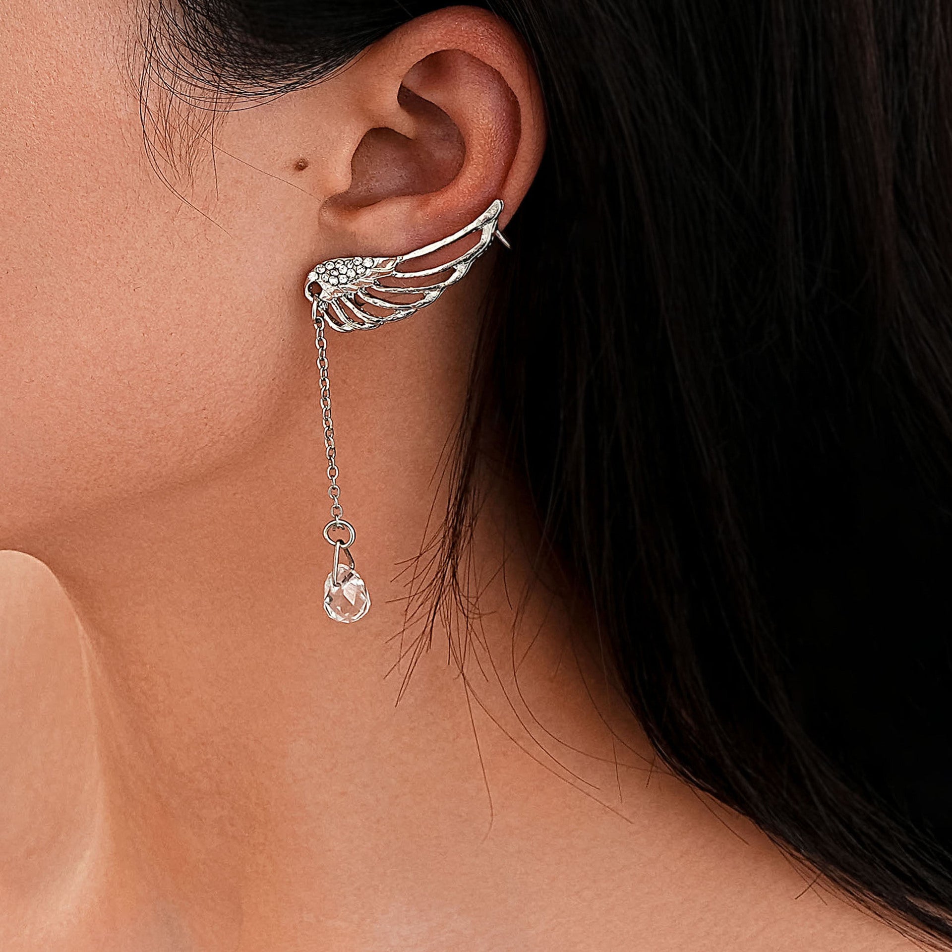 Wholesale Wing Tassel Rhinestone Non-Piercing Earrings