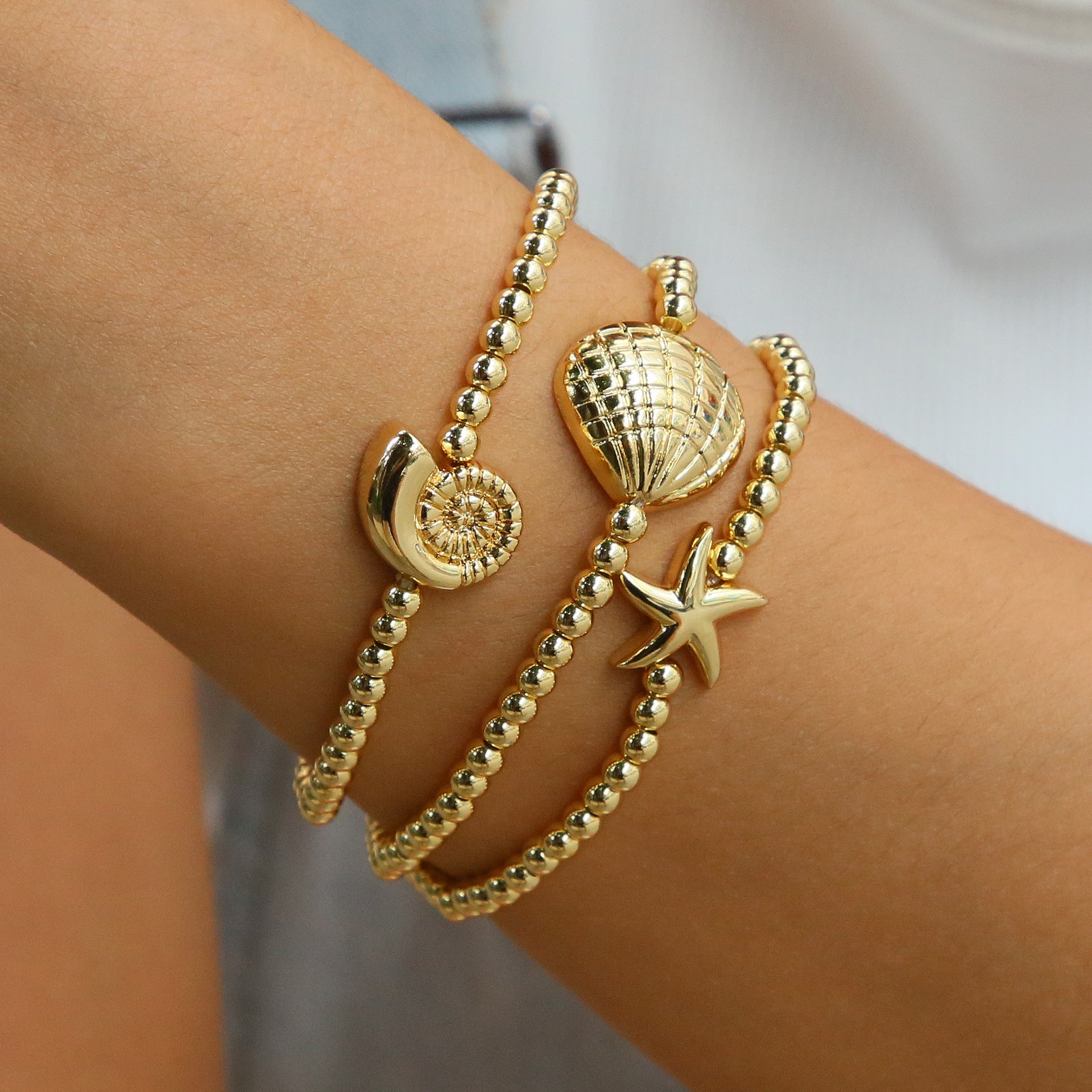 Wholesale Brass Marine Life Series Conch Starfish Shell Beaded Elastic Thread Women' s Bracelet