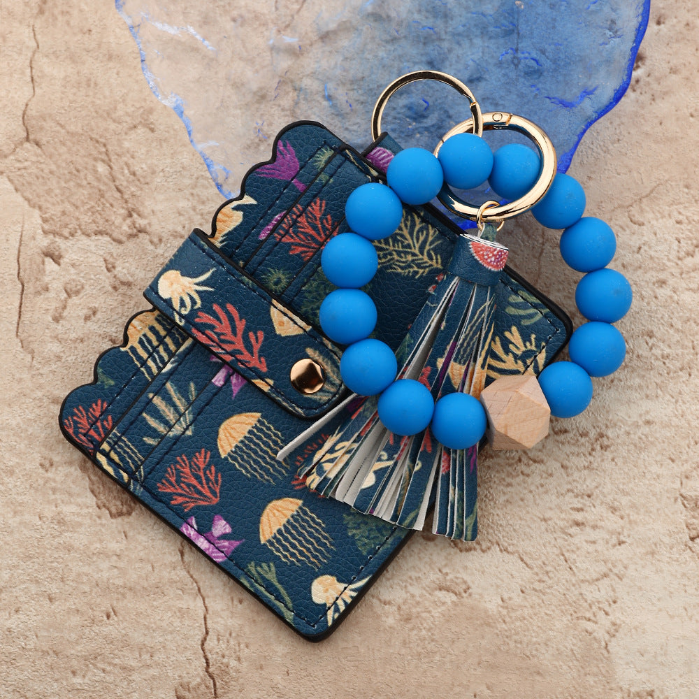 Wholesale  bead  ocean print mushroom leather Wristlet Keychain