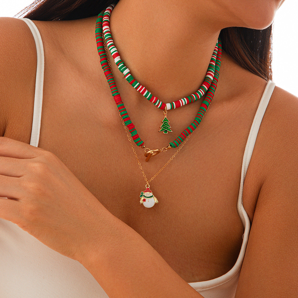 Wholesale Christmas Polymer Clay OT Buckle Alloy Necklace Choker Necklaces 3-piece Set ACC-NE-XueRou007