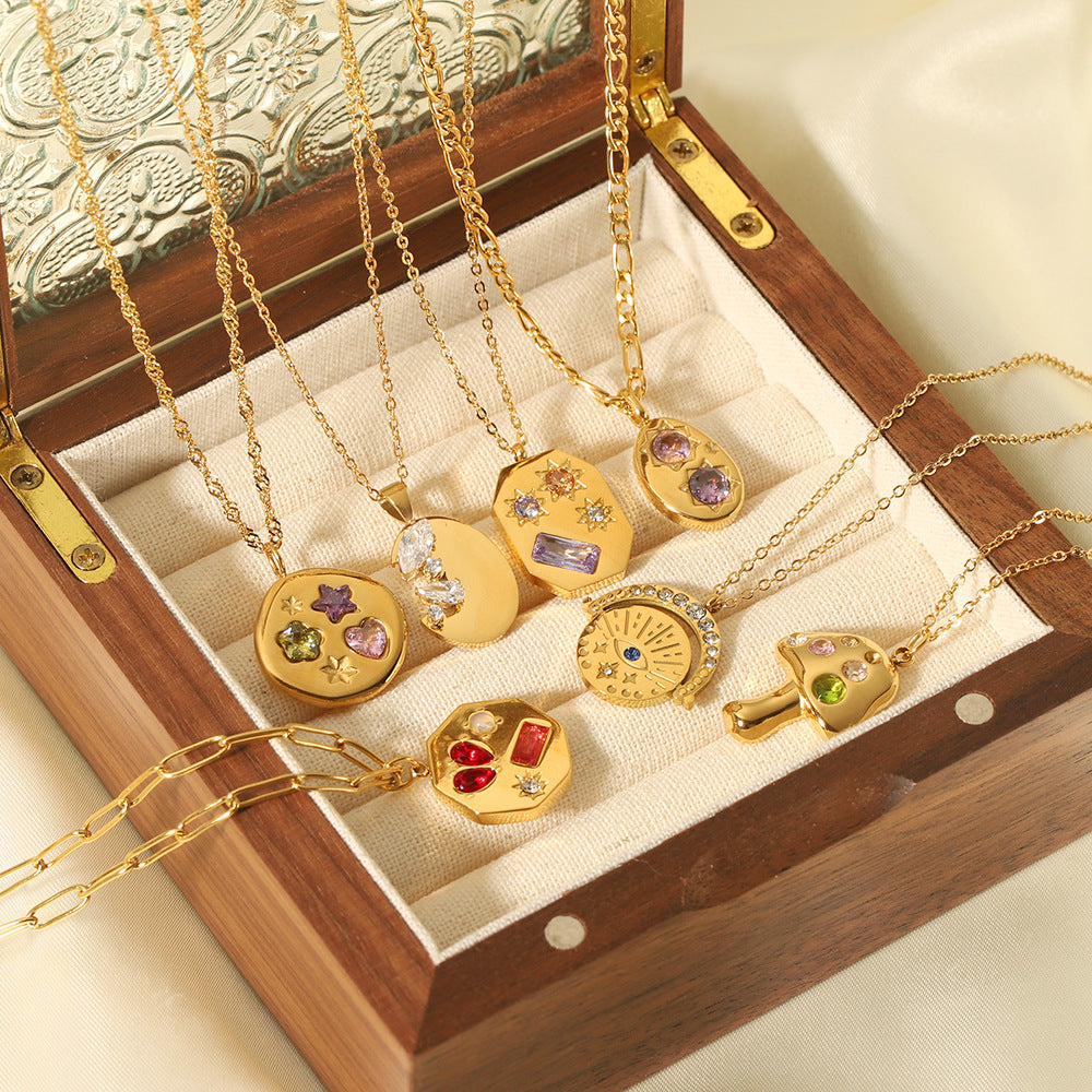 Wholesale colorful geometric zircon pendant stainless steel plated 18K gold necklace