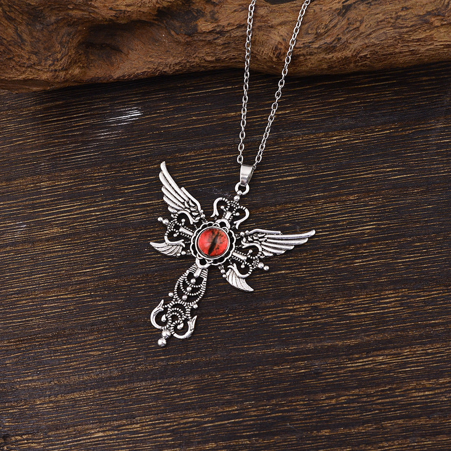 Wholesale Red Angel Wings Cross Pendant Necklace,  Vintage Evil Eye Design Boutique Jewelry Gift
