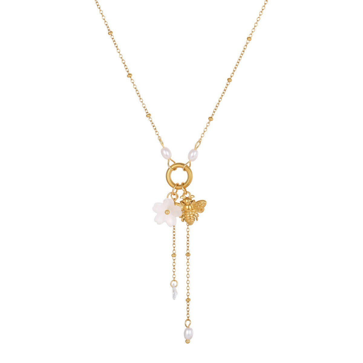 Wholesale Stainless Steel Bee,  Flower,  and Pearl Tassel Clavicle Necklace