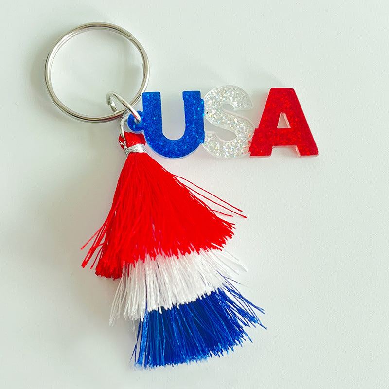 Wholesale 2pcs American Independence Day Pentagram Heart Shape Multi-Layered Tassel Keychain ACC-KC-HY024