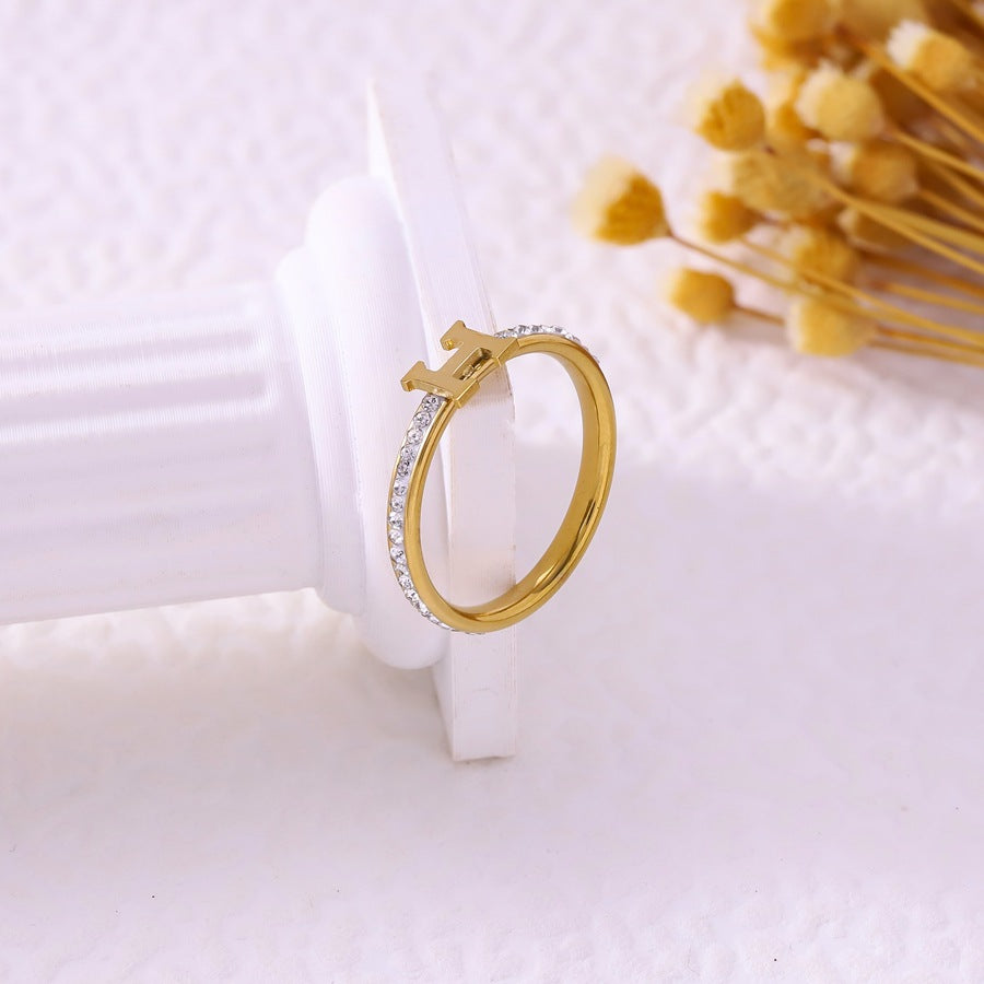 Wholesale 18K Gold Plated Stainless Steel H Letter Rhinestone Ring Starry Sky Design Women S Everyday Wear Boutique