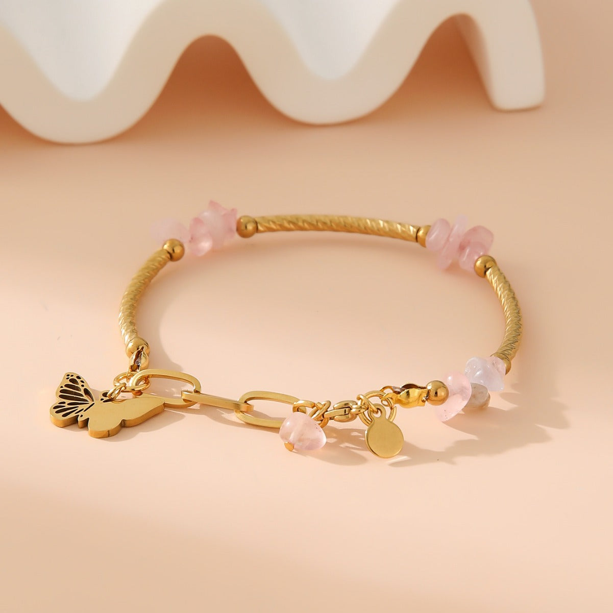 Wholesale  stainless steel color gravel butterfly pendant gold bracelet