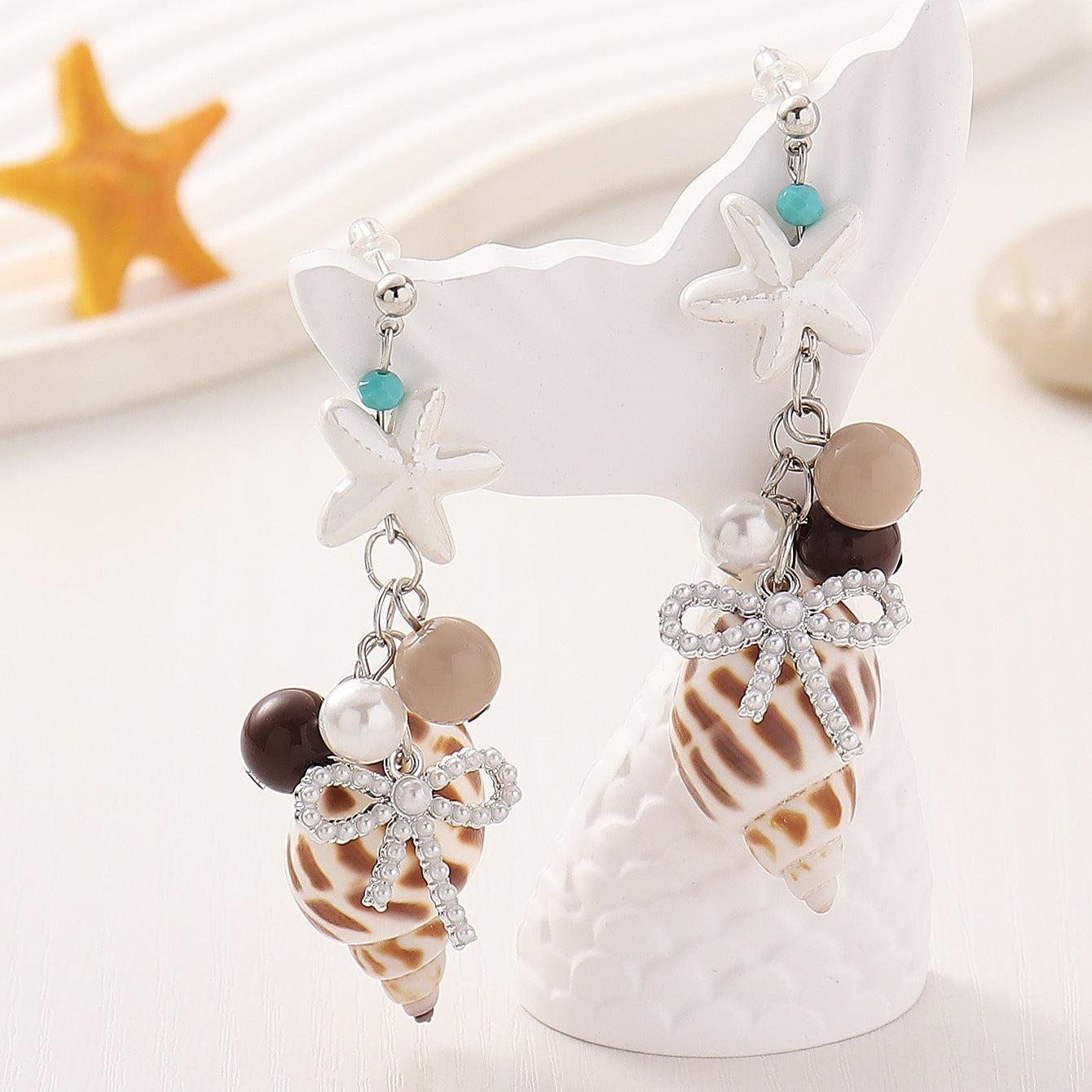 Wholesale Bohemian Conch Shell Flower Bow Pendant Earrings