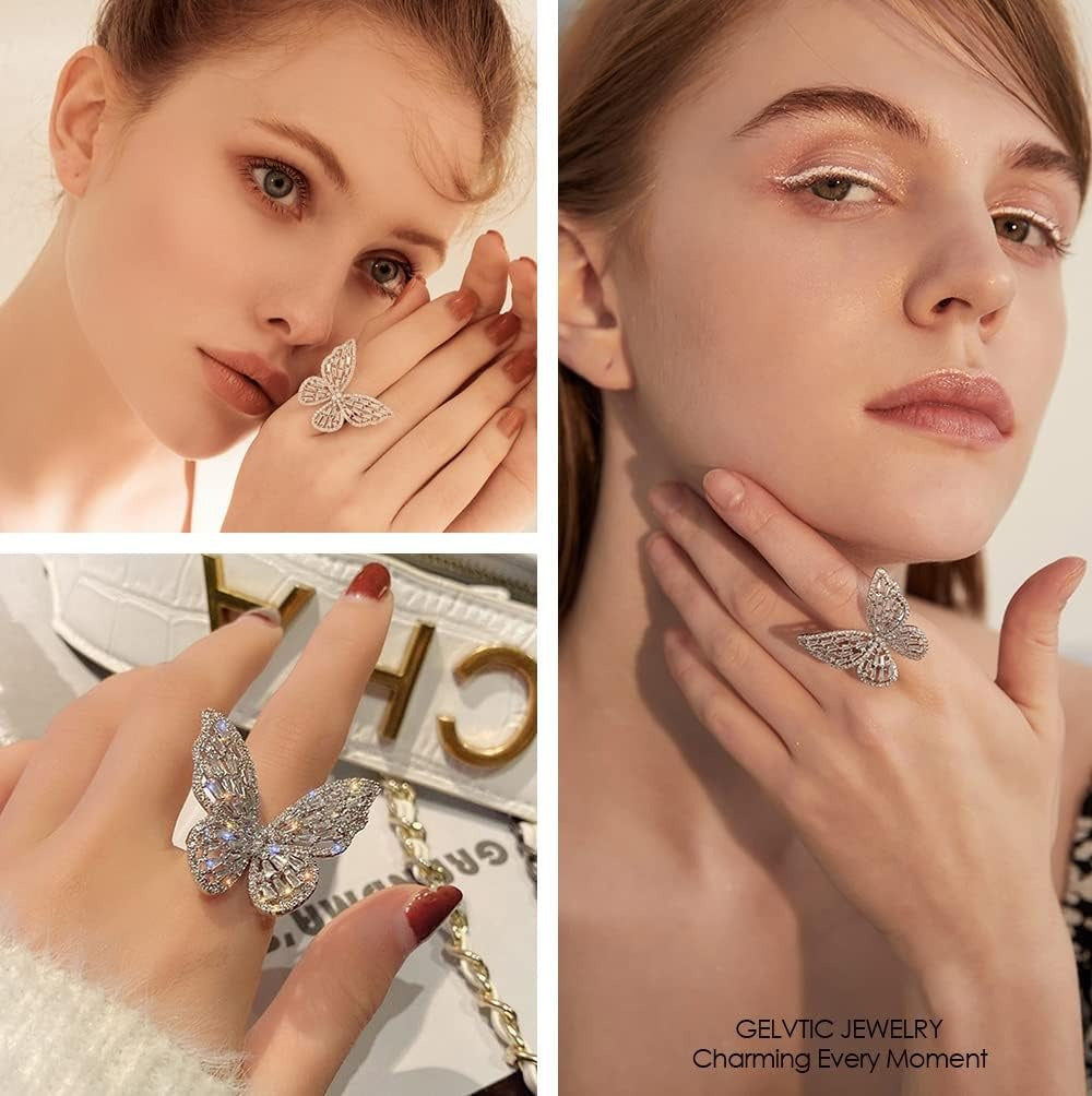 Wholesale Butterfly Rhinestone Adjustable Ring Fashion Cocktail Jewelry Gift for Women Boutique Resale