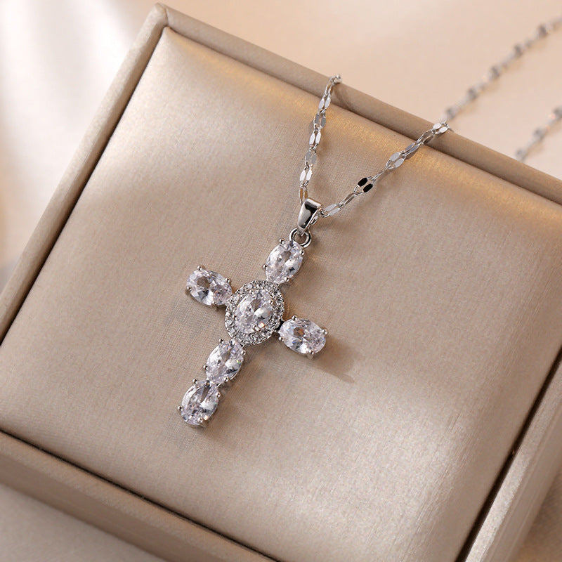 Wholesale Gold Plated Zircon Cross Pendant Necklace Korean Style Layering Collarbone Chain Trendy Jewelry Accessory For Women Gift