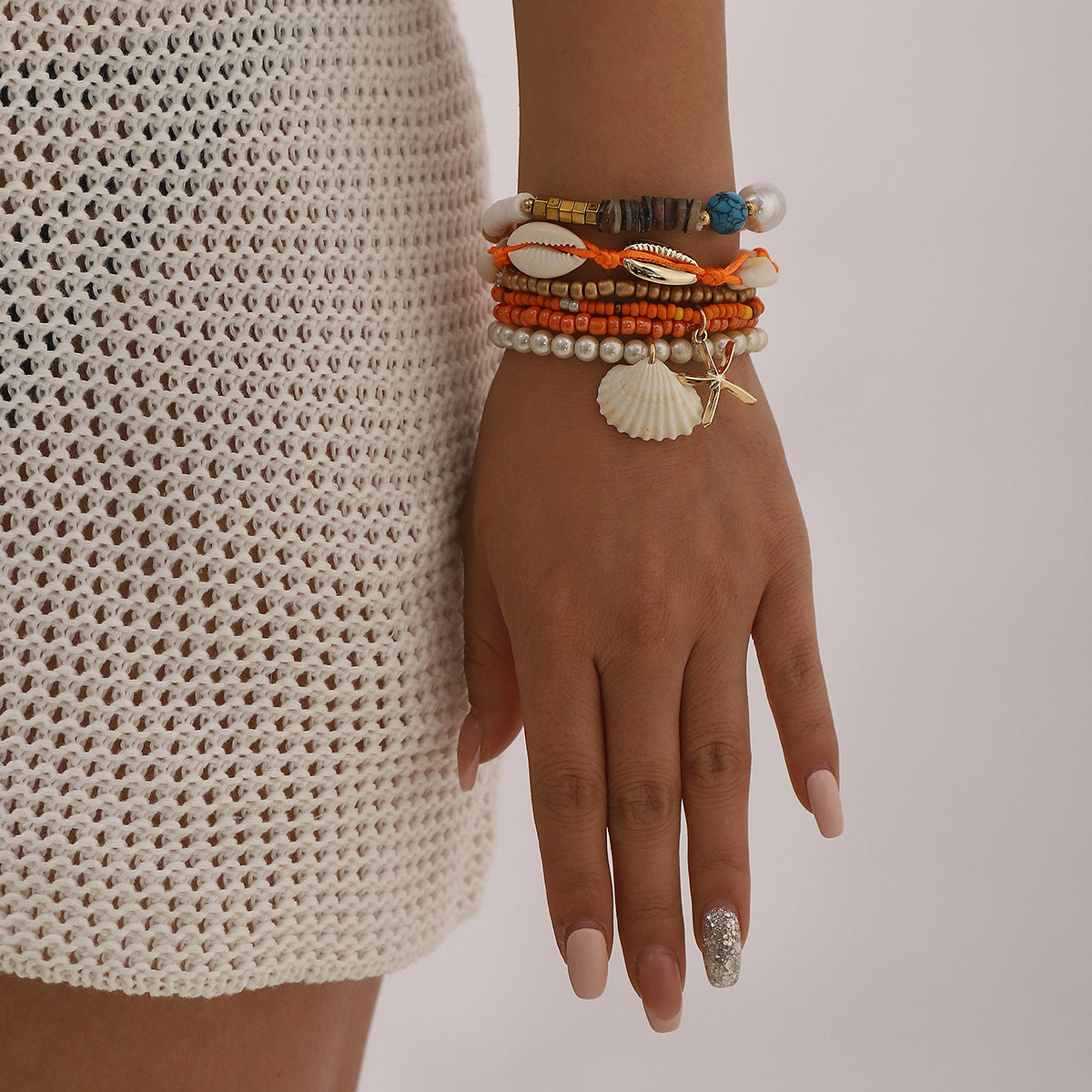 Wholesale Bohemian Ocean Style Shell Starfish Pendant Pearl Rice Beads Handmade Beaded Bracelet suit