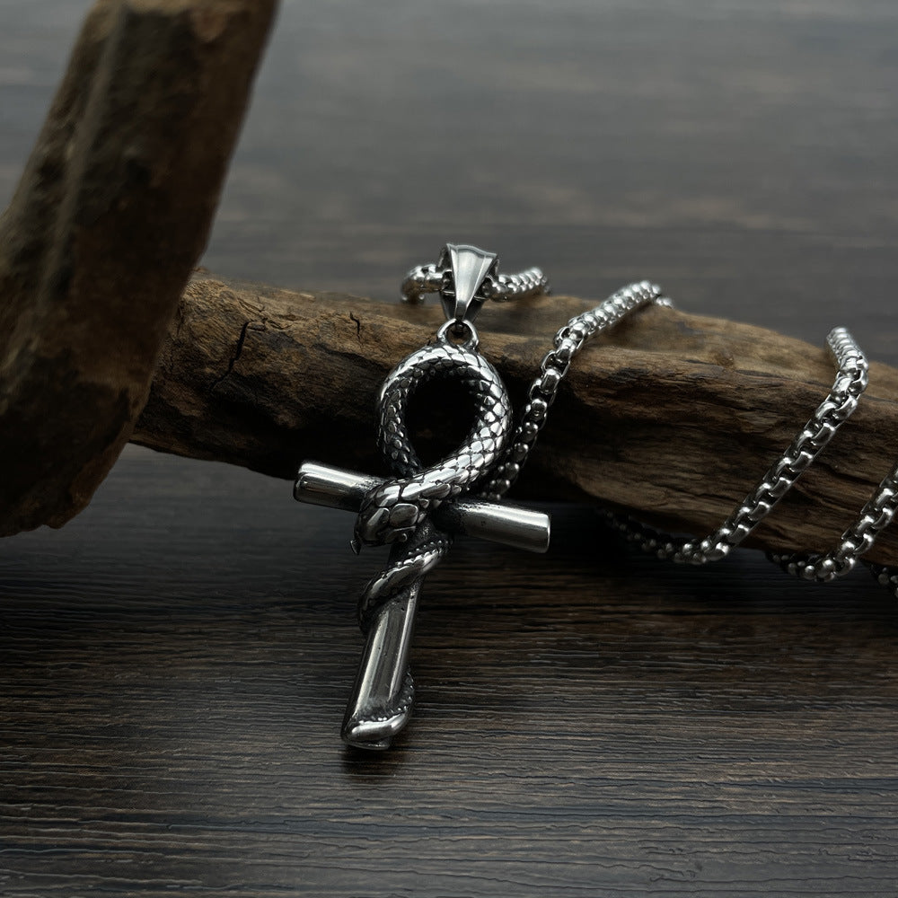 Wholesale  Retro Trendy Design Sense Mamba Snake Cross Pendant Hip Hop Titanium Steel Necklace