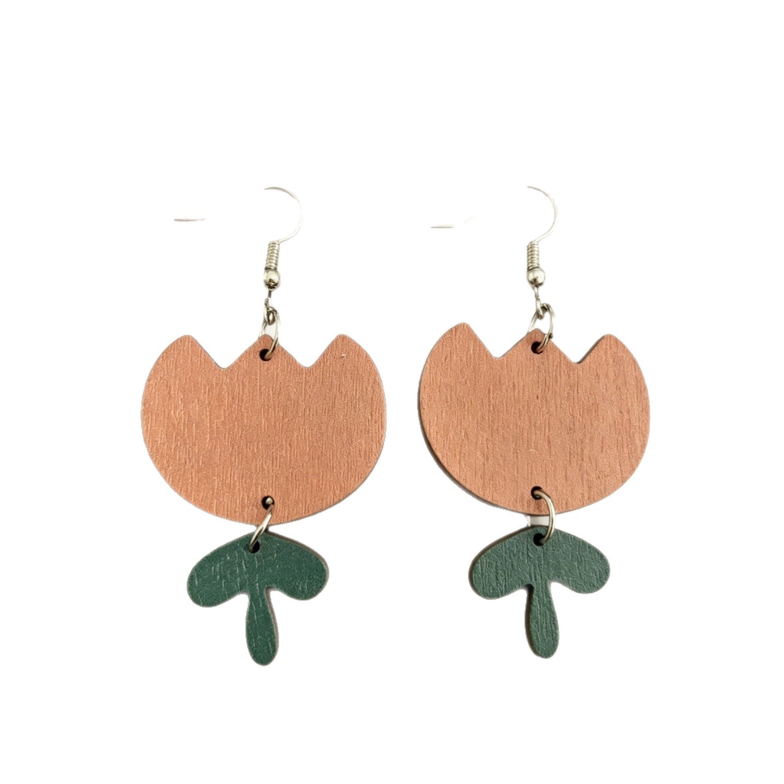 Wholesale Wooden Tulip Earrings Two-Layer with Green Leaves Forest Style Fashion Accessory Party Gift
