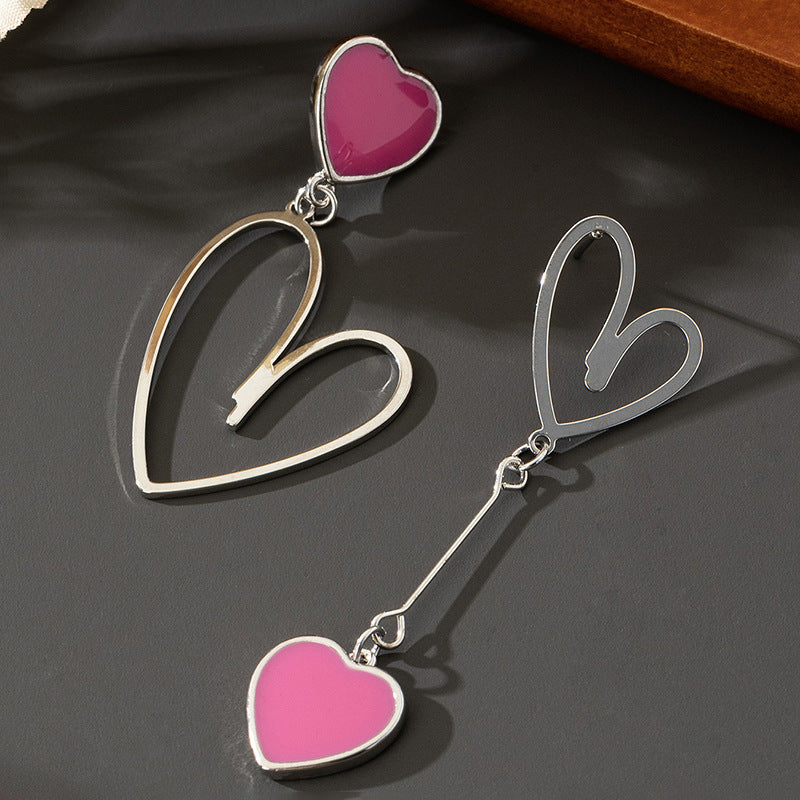 Wholesale Trendy Asymmetric Pink Heart Drop Earrings Alloy Electroplated Jewelry Accessory