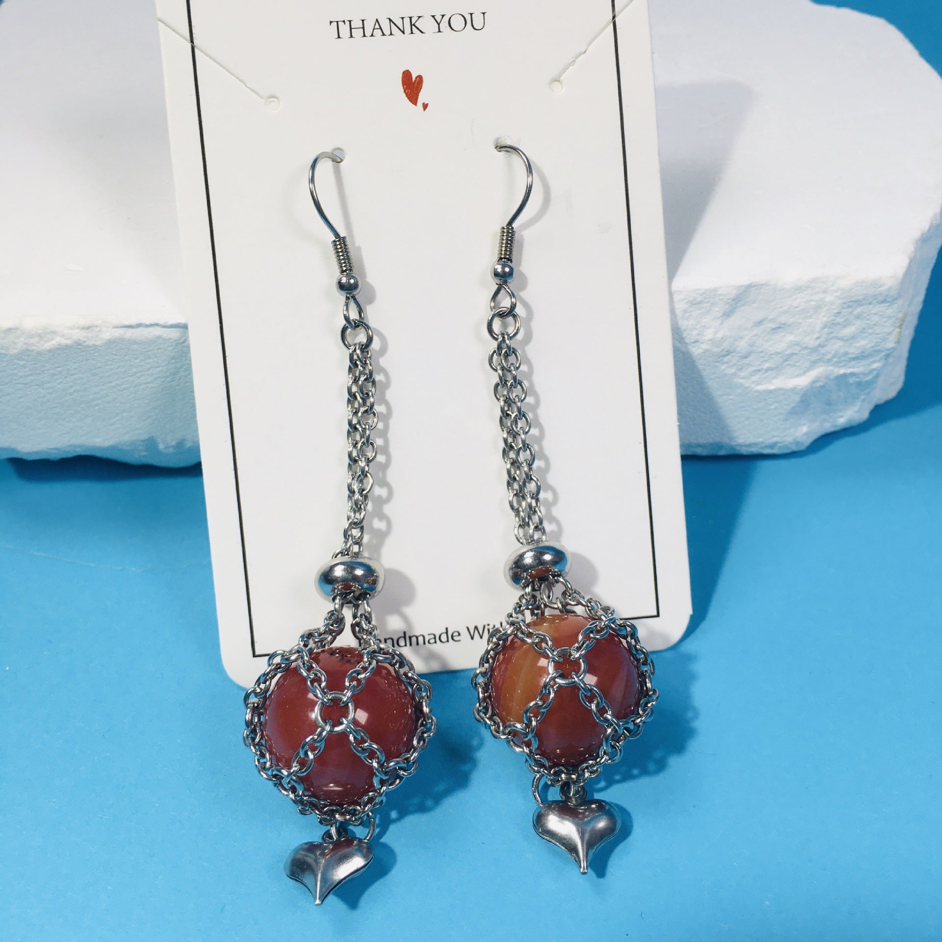 Wholesale Replaceable Crystal Natural Stone Adjustable Metal Mesh Pocket Earrings Heart Shape Pendant ACC-ES-RongGuan001