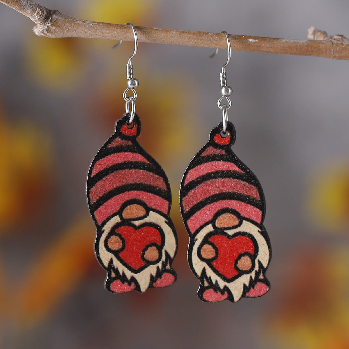 Wholesale Wooden Valentine' s Day Leopard Striped Heart Dwarf Dog Pendant Earrings