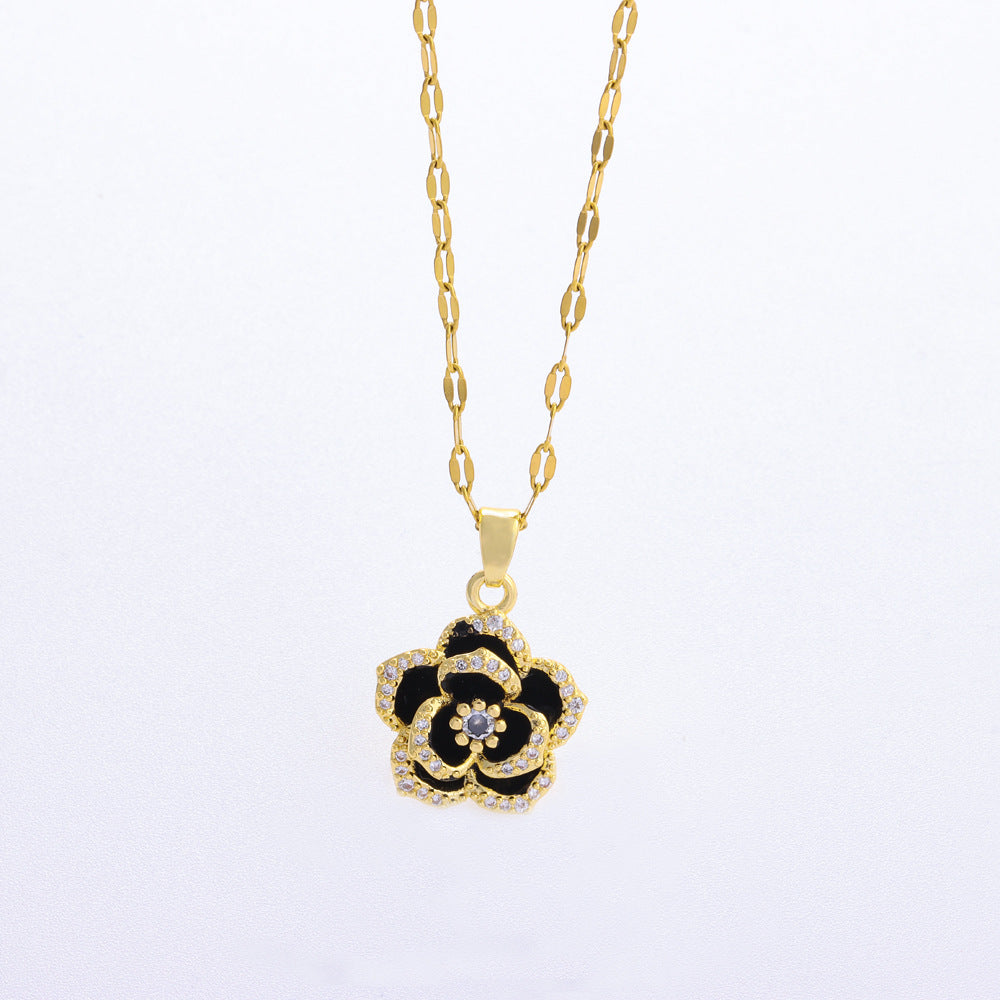Wholesale  plating 18K gold micro inlay dark style black rose pendant titanium steel necklace earrings set jewelry