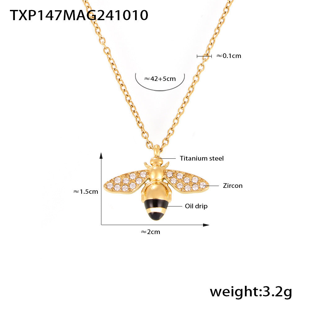 Wholesale Zircon Little Bee Double-Layer Necklace Bracelet Ring Titanium Steel Set