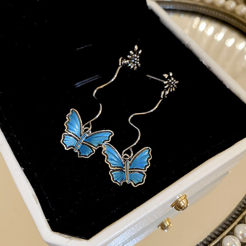 Wholesale  Oil Dropping Old Butterfly Metal Flower Silver Pin Earrings