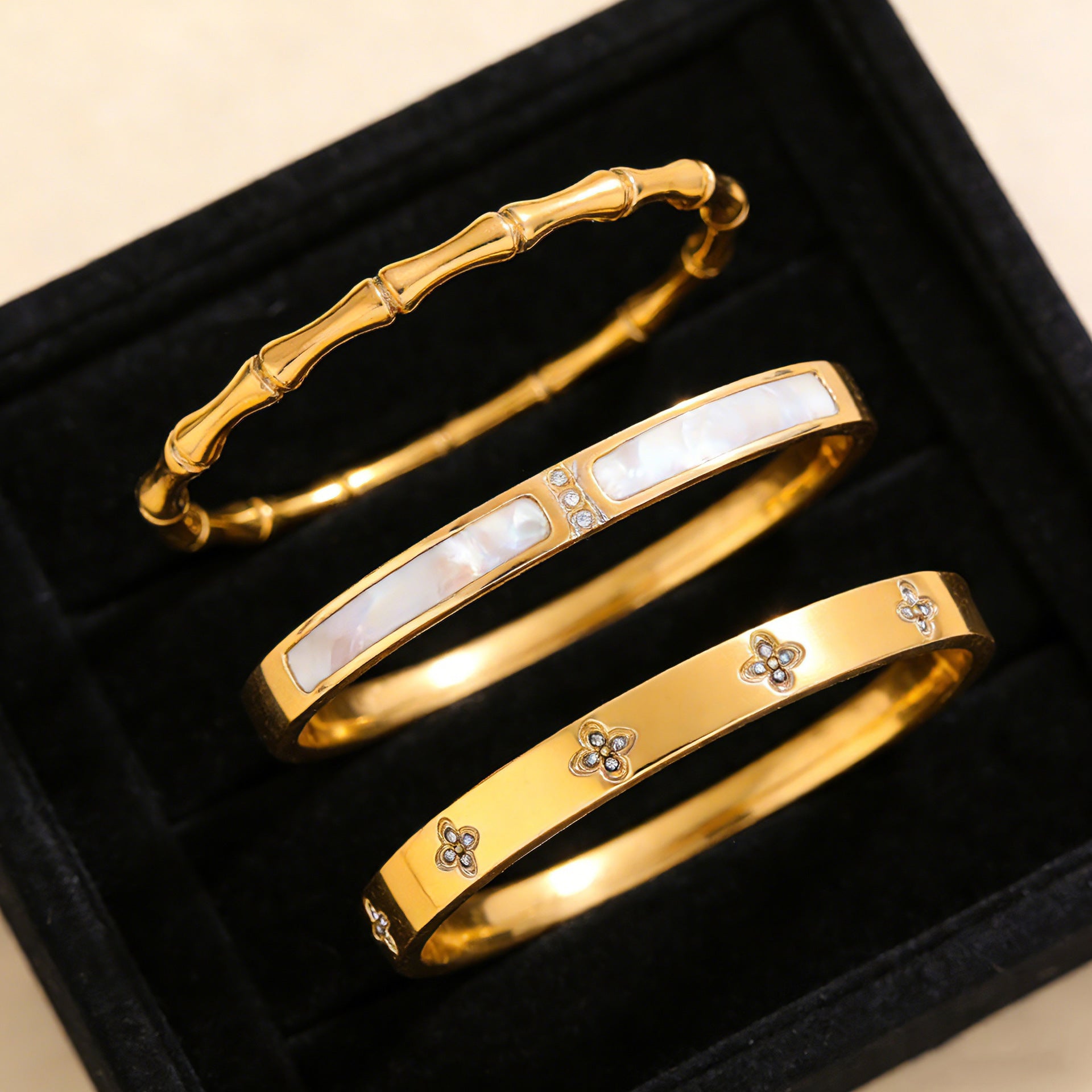 Wholesale Stainless Steel White Mother-of-Pearl Bamboo Cuff Bracelet Gold Plated Fashion Jewelry Accessory Gift
