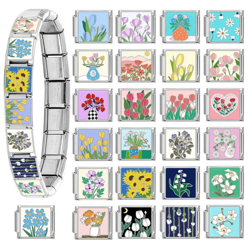 Wholesale Italian Charm Bracelet 9mm DIY Splicing Removable Flowers Stainless Steel Composable Bracelet