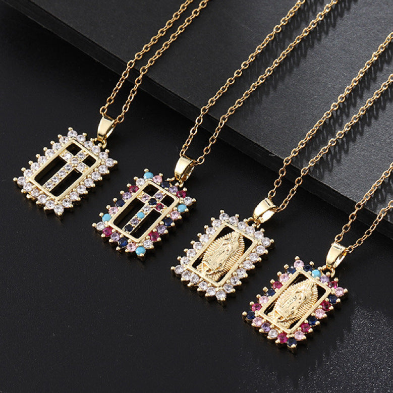 Wholesale Gold Plated Virgin Mary Cross Pendant Choker Necklace Colorful Zircon Fashion Jewelry Accessory For Gift