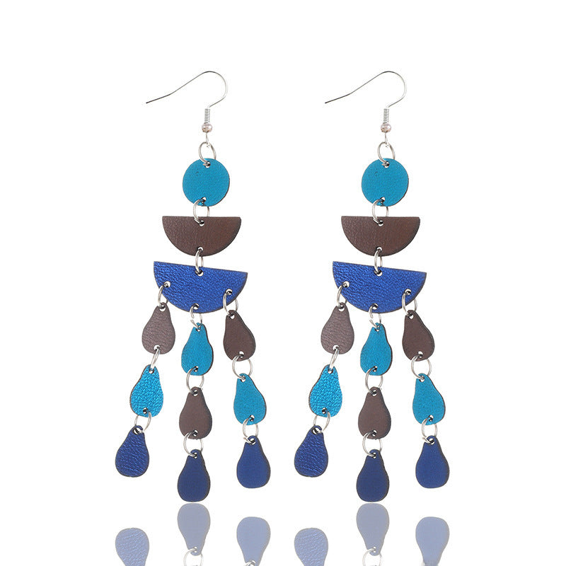 Wholesale  Bohemian Style Whole Feather Shape Small Leaf Light Blue Dark Blue PU Leather Earrings