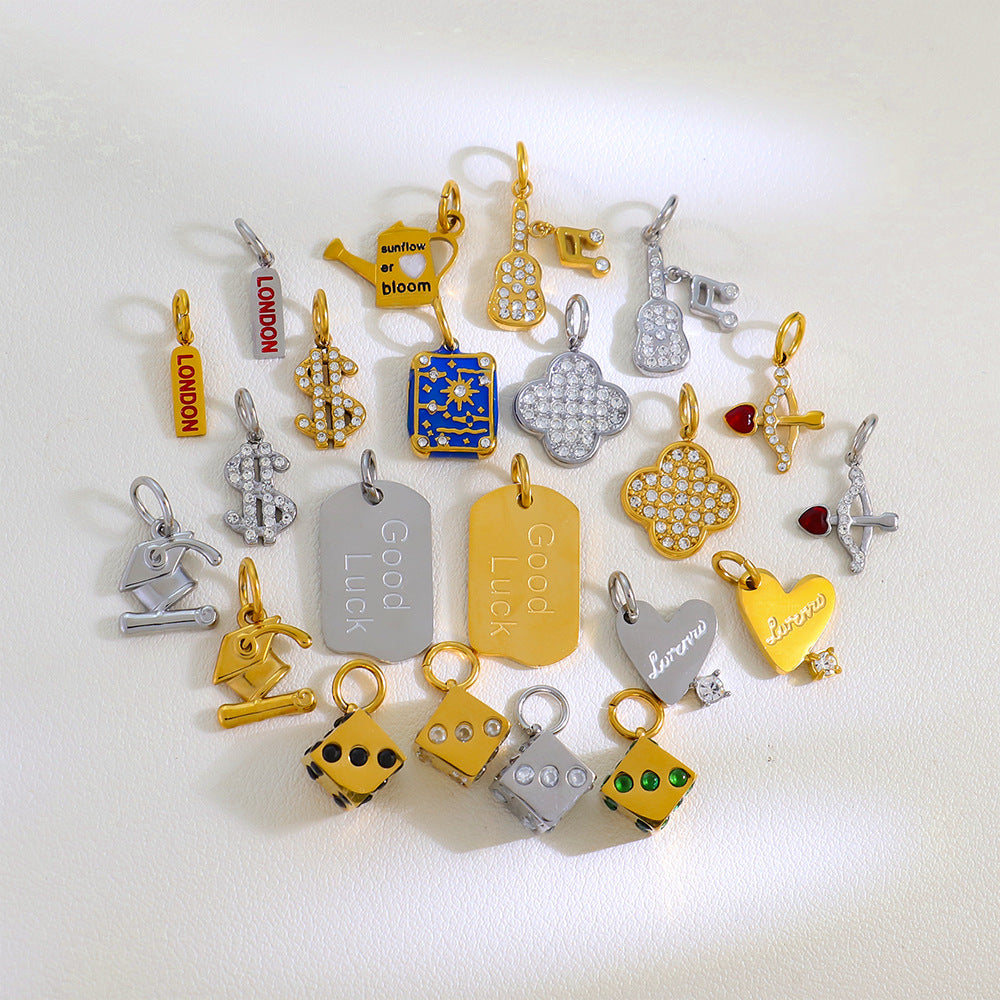 Wholesale Stainless Steel Lucky Dice Four-Leaf Clover Pendant - Gold Electroplated DIY Fashion Accessory