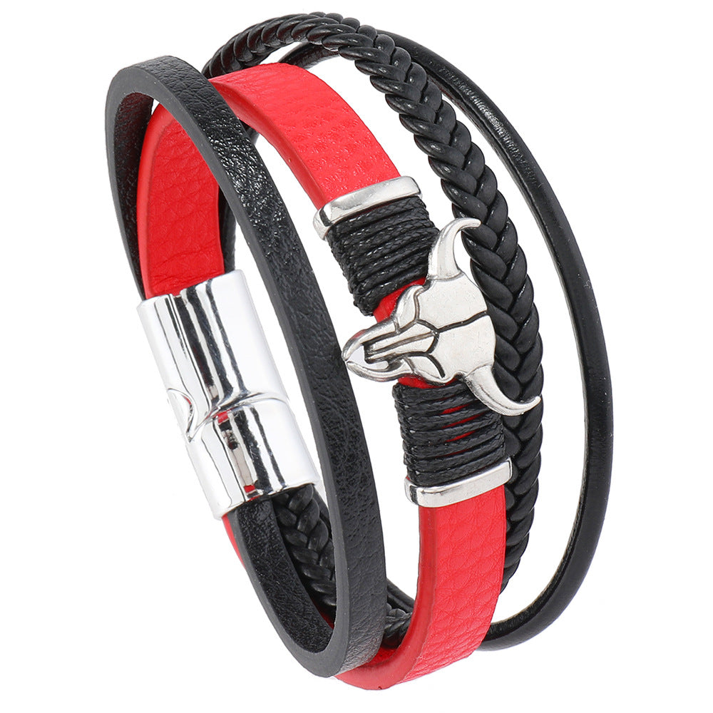 Wholesale Leather Western-style cowboy bull head multi-layered bracelet