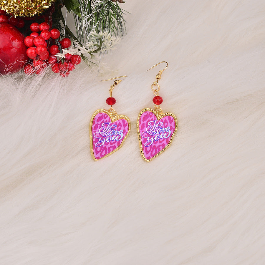 Wholesale Exaggerated Stylish Leopard Print Heart Valentine' s Day Love Letter Earrings