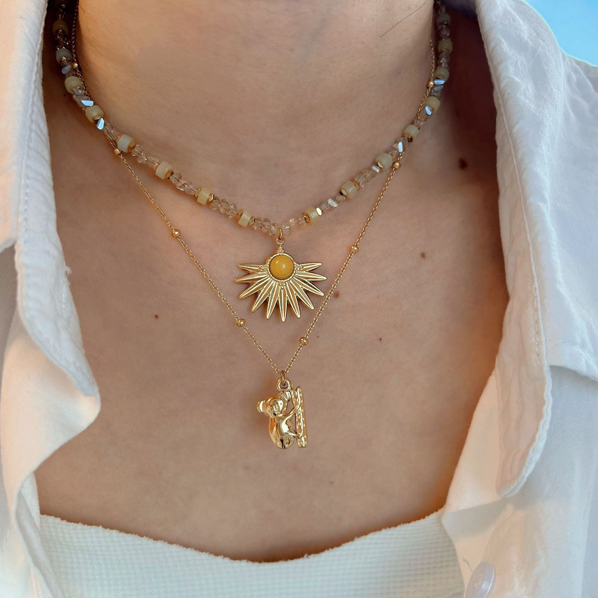 Wholesale natural stone crystal elements Bohemian stainless steel monkey pendant necklace