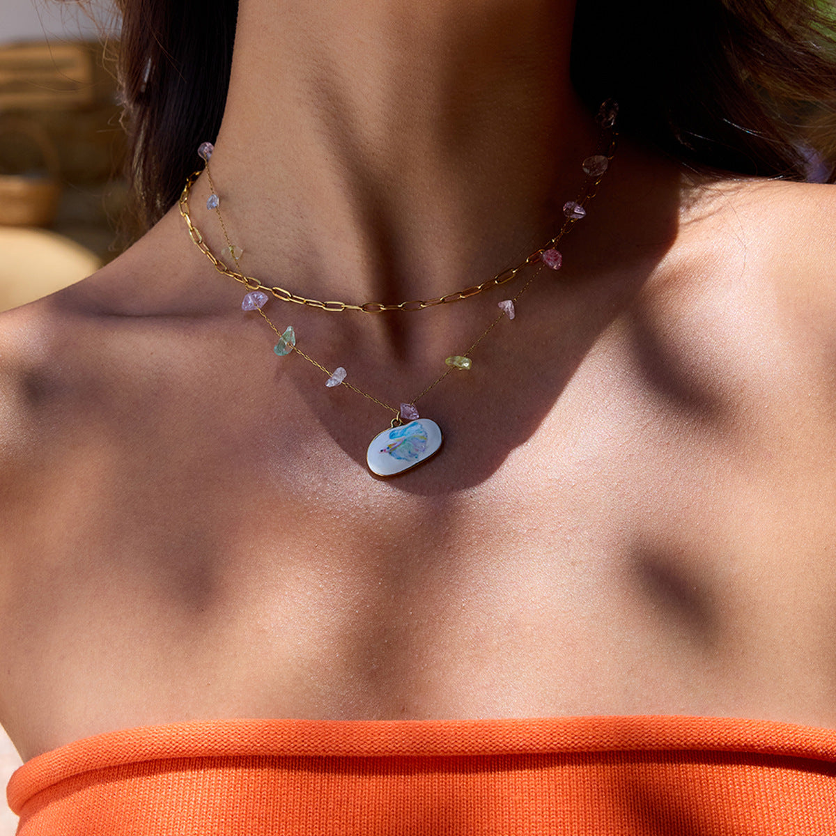 Wholesale 18K Gold Stainless Steel Oval Oil Drop Printed Colorfulful Natural Stone Double-Layer Necklace