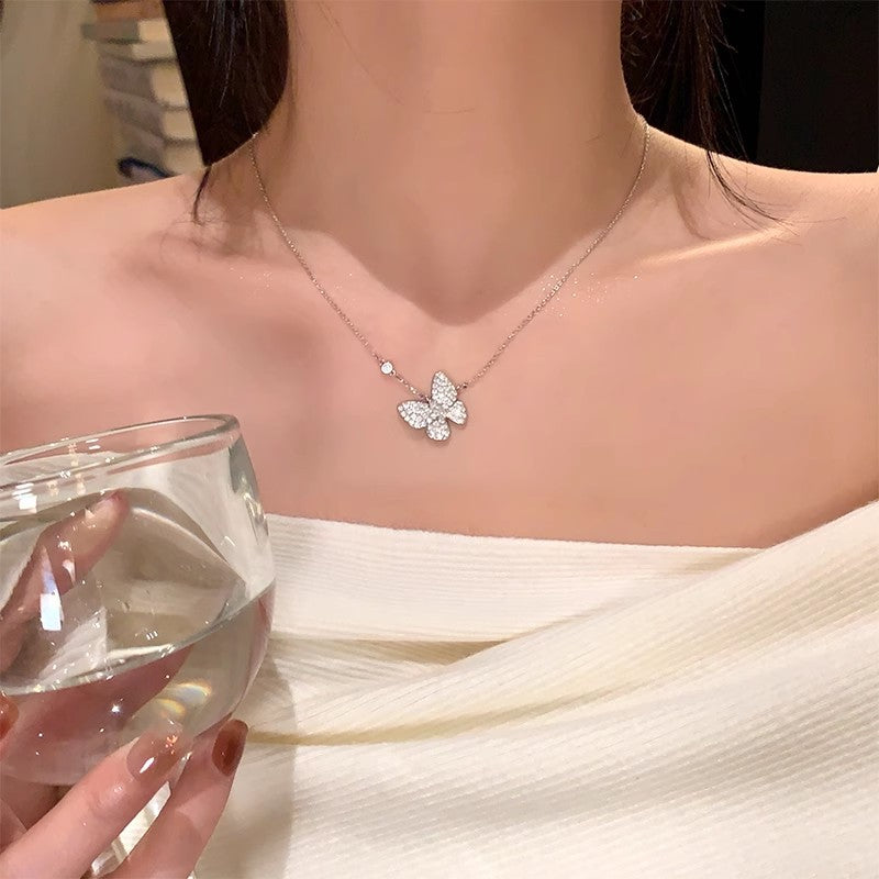 Wholesale  Titanium Steel luxury niche flash full zirconium butterfly pendant necklace