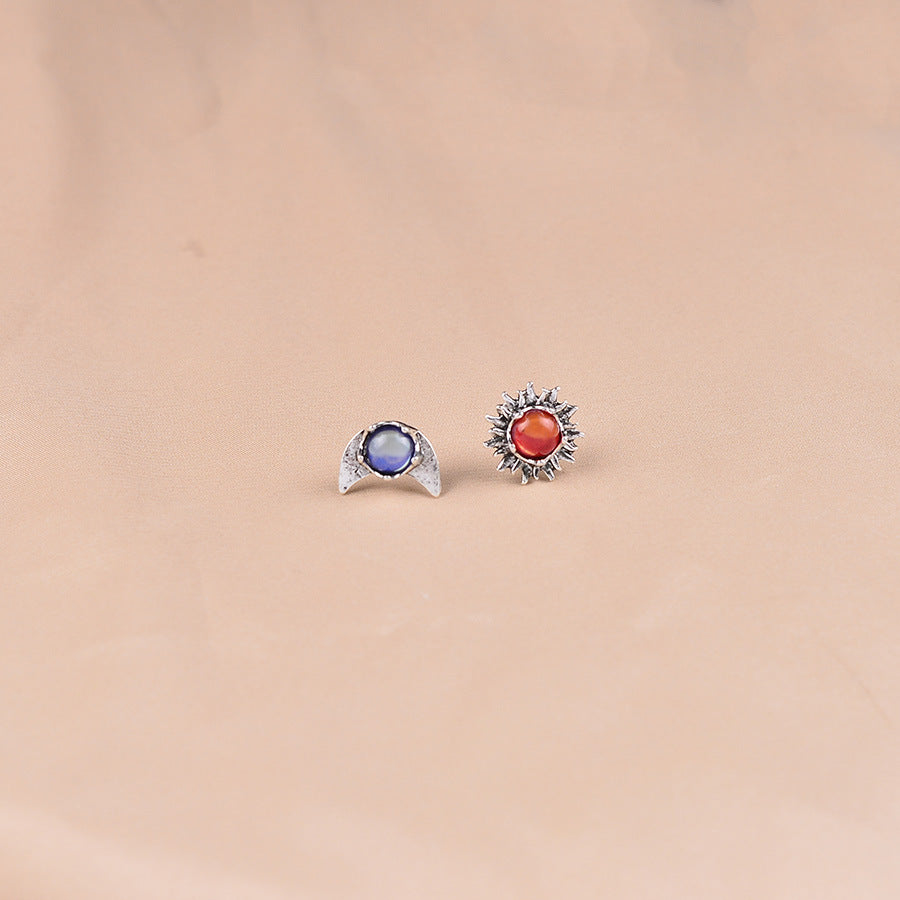 Wholesale European and American Creative Colorful Gemstone Sun and Moon Earrings,  Old Classical Elegant Moonstone Earrings for Women