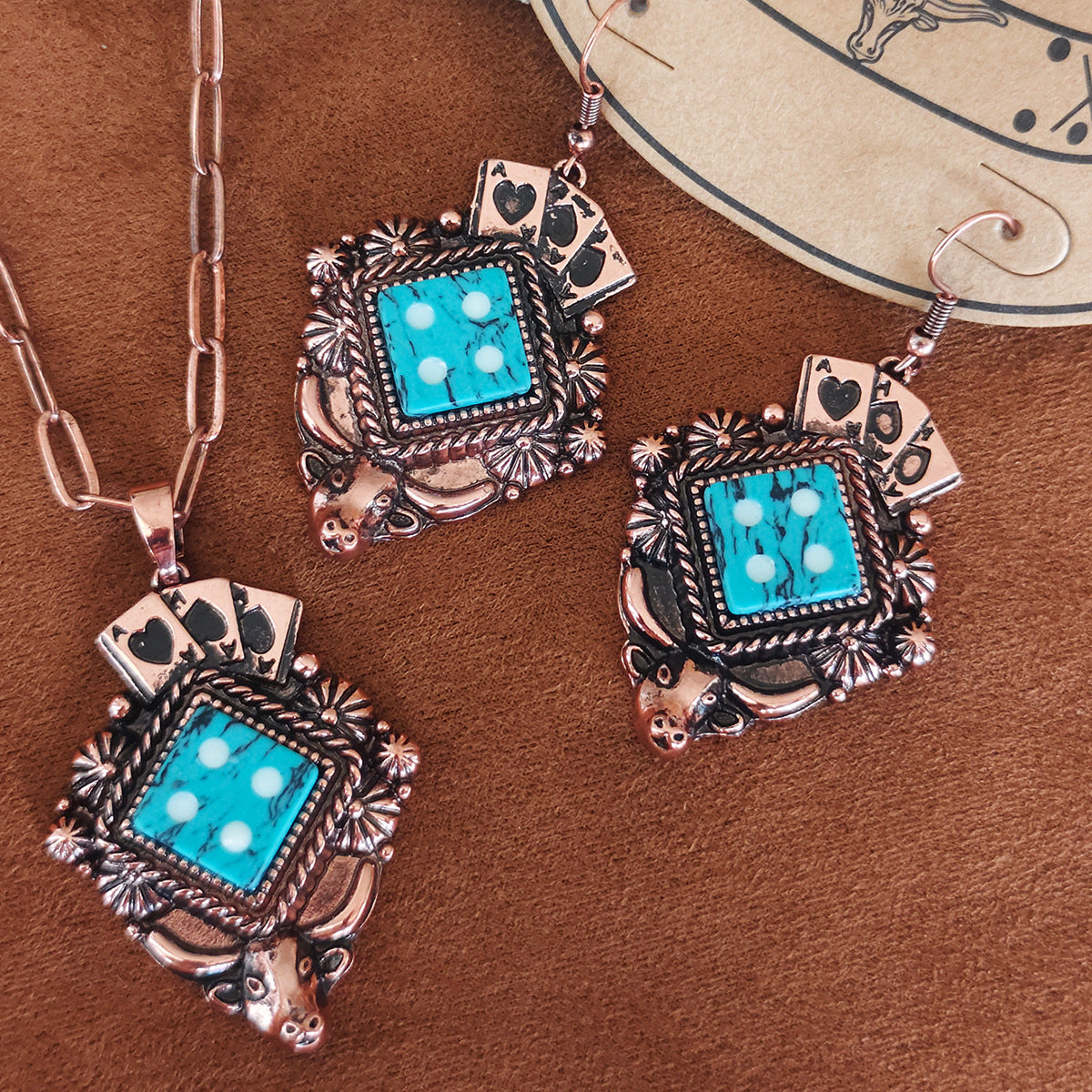 Wholesale Boho Heart Turquoise Pendant Necklace And Earrings Set Retro Gold Tone Fashion Jewelry Accessory For Party And Gift