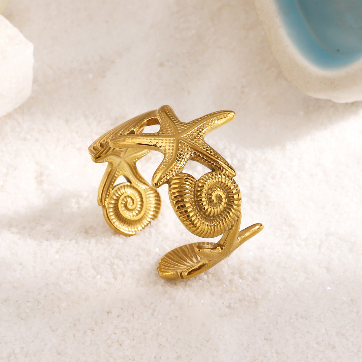 Wholesale Starfish Stainless Steel Open Ring Ocean Vacation Style Jewelry Accessory