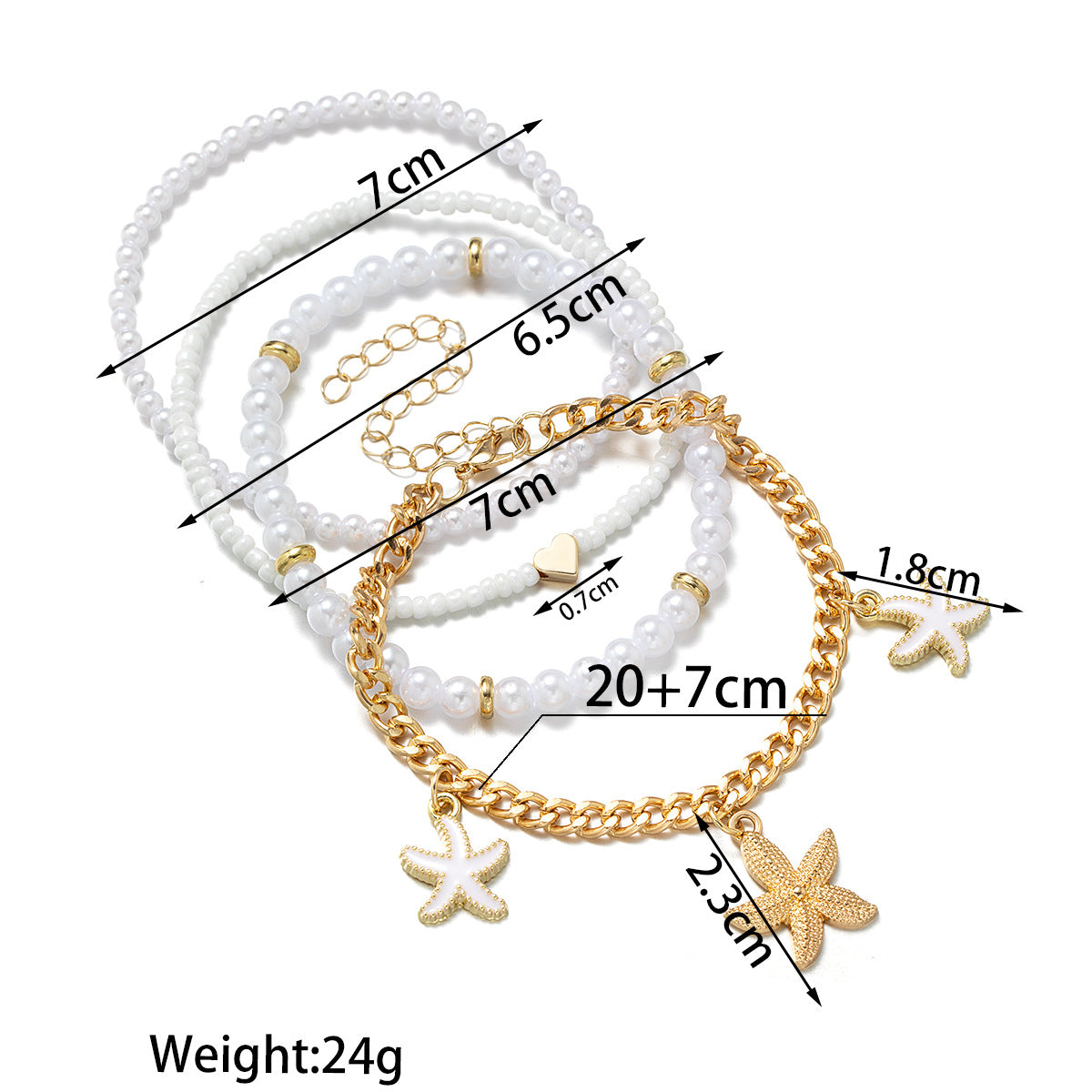 Wholesale Ocean style alloy starfish pendant love white rice pearl multi-layer women's anklet