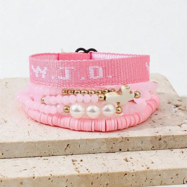 Wholesale Pink 5-piece Cross Women' s Fashion Personality Elastic Bracelet Set
