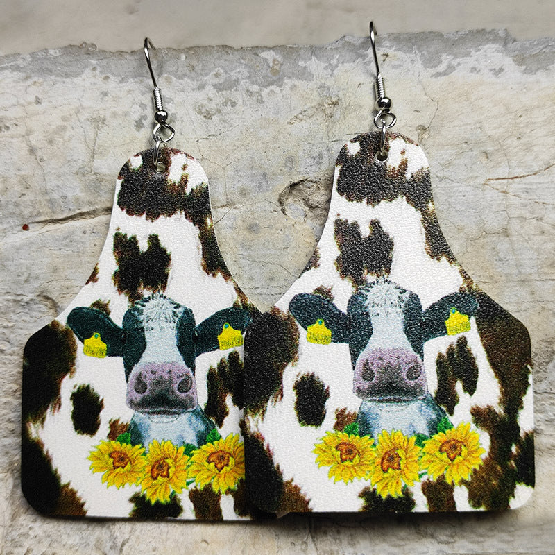 Wholesale 2 Pairs/pack Western Style Cow Sunflower Leopard Print Cross Drop-shaped Leather Earrings ACC-ES-HY054