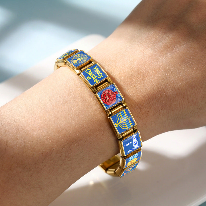 Wholesale Hanukkah Jewish Culture Theme Stainless Steel DIY Modular Bracelet Chic Jewelry Accessory For Everyday Wear Or Gift