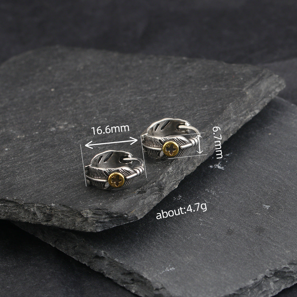 Wholesale Vintage Feather Earring Stud for Men,  Copper Electroplated,  Trendy Jewelry Accessory