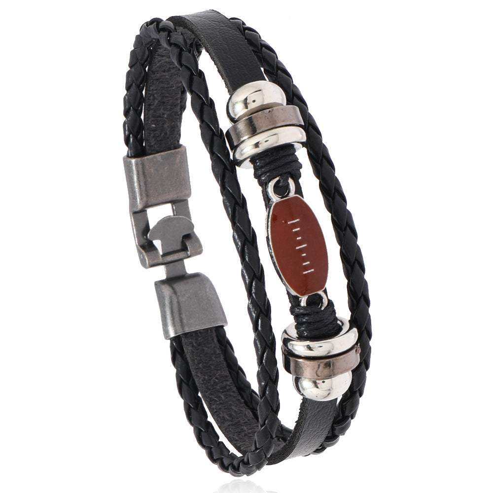 Wholesale Retro Soccer Basketball Volleyball Alloy Buckle Men S Multi Layer Braided Leather Beaded Bracelet Fashion Jewelry Accessory