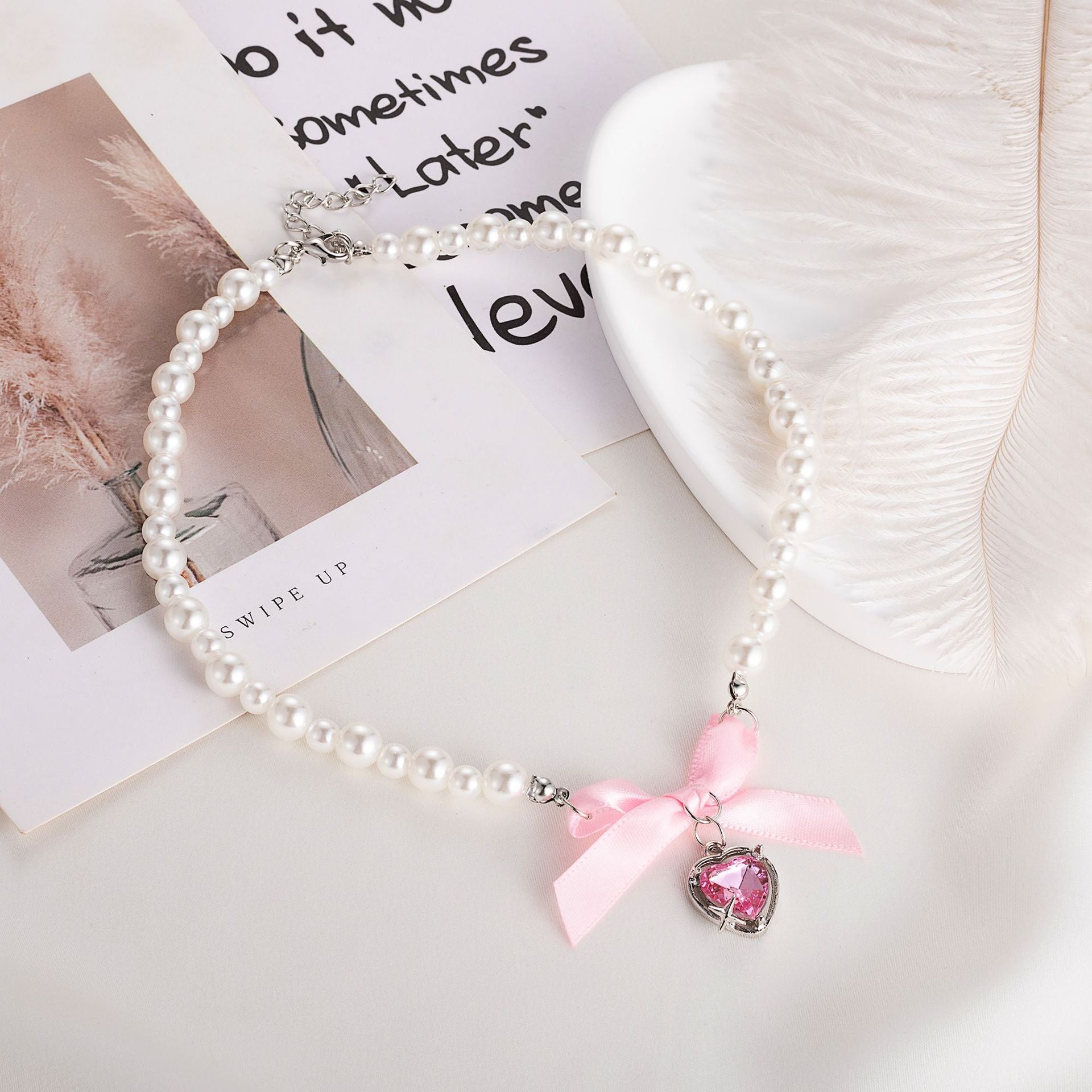 Wholesale  Pink Love Bow Pearl Necklace Female Clavicle Chain