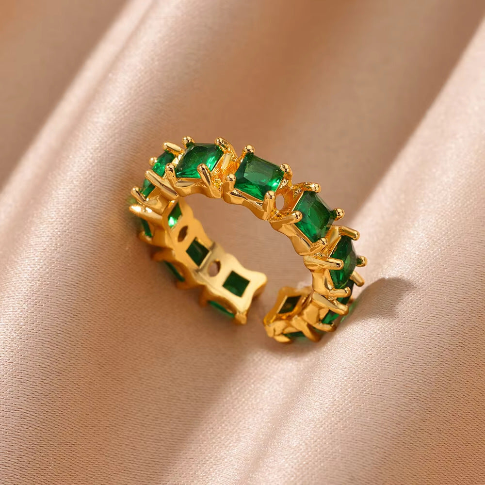 Wholesale Cross-border Light Luxury Retro Style Green Zircon Open Ring 18K Gold Plated Emerald High-grade Finger Ring Jewelry
